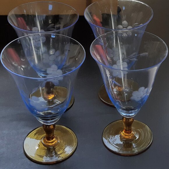 VTG Antique Thin Elegant Glass Azure Blue Goblet Amber Stem Set of 4 Etched Rare - Picture 3 of 14